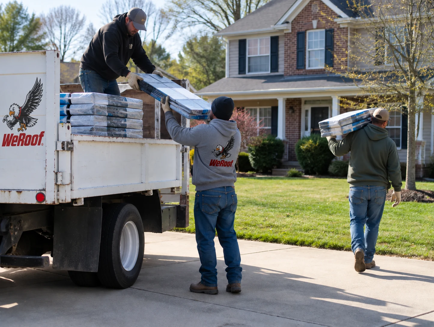 Illustrative roofing crew unloading shingles, with WeRoof branding added to the truck and a hoodie