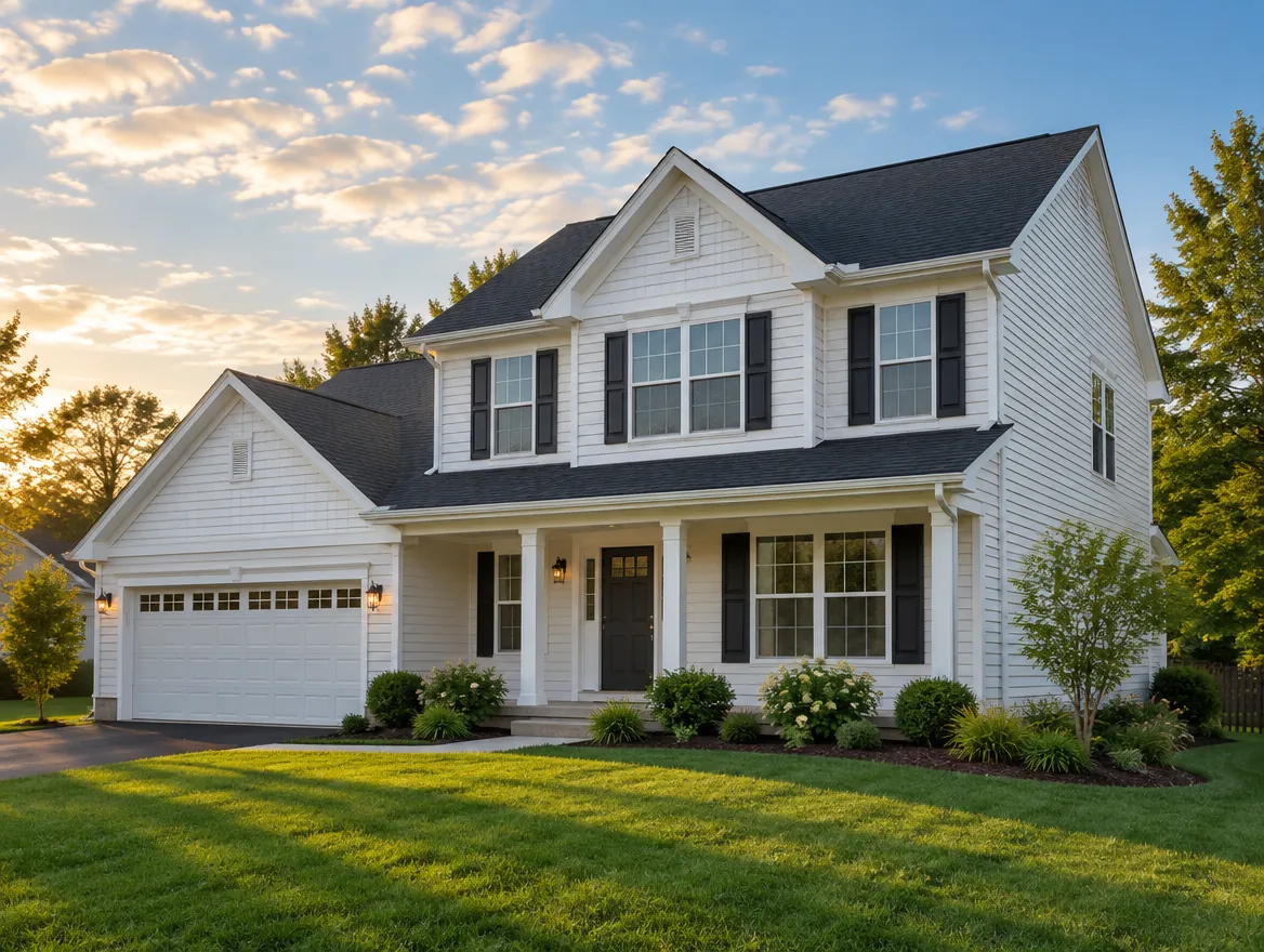 Two-story home with a new charcoal shingle roof, white lap siding and white gutters