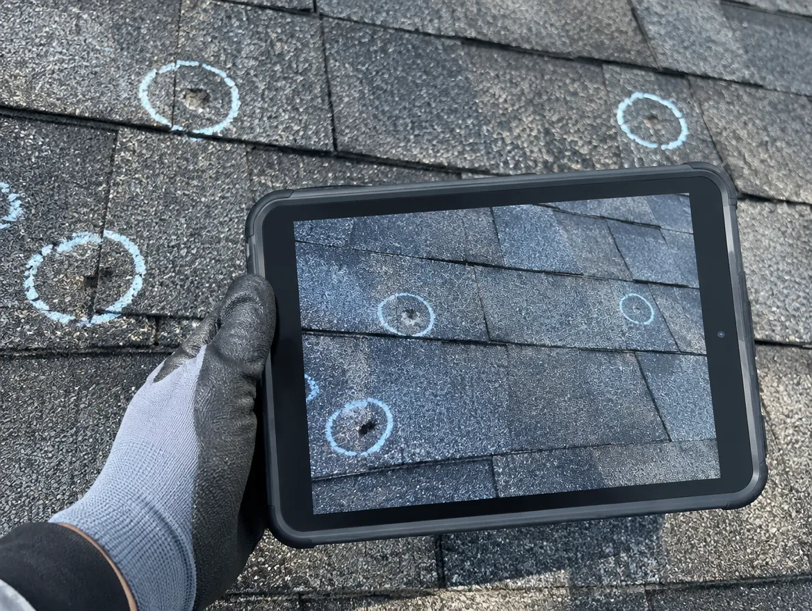 Hail impacts marked in chalk on shingles being photographed with a tablet