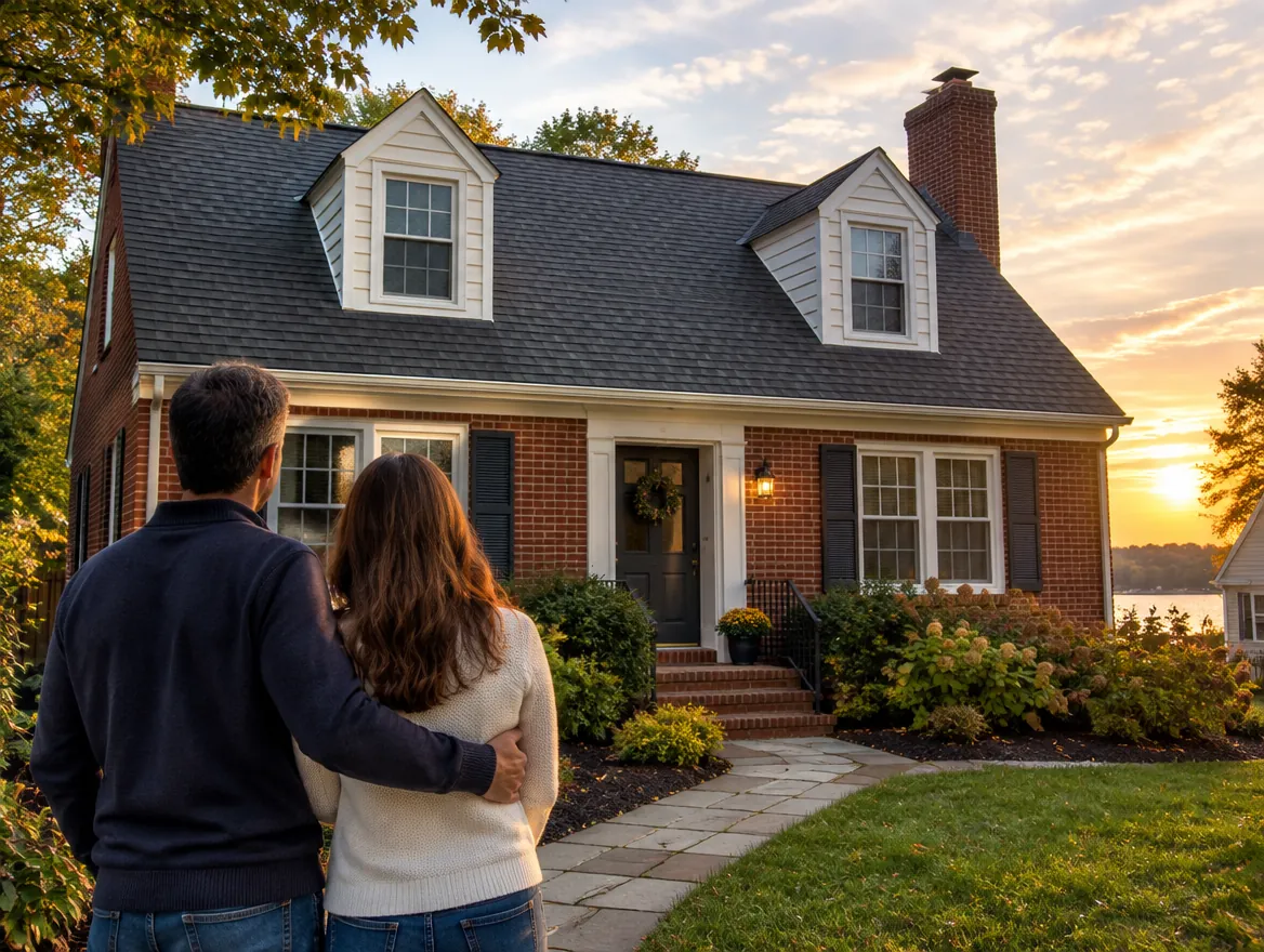 Homeowners on their front walk looking up at a newly roofed brick Cape Cod house