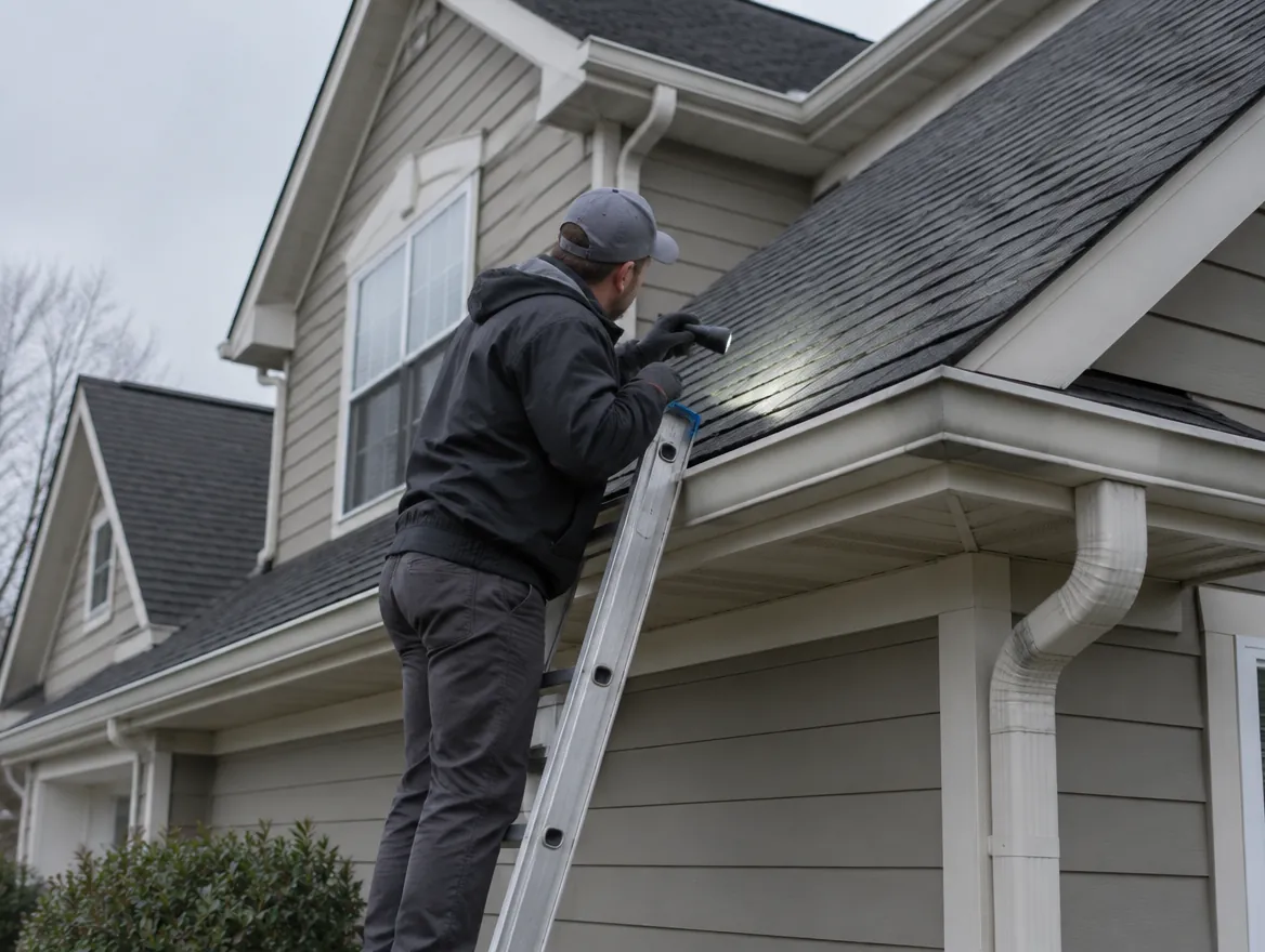 Inspector on a ladder checking shingles at the eave of a two-story home