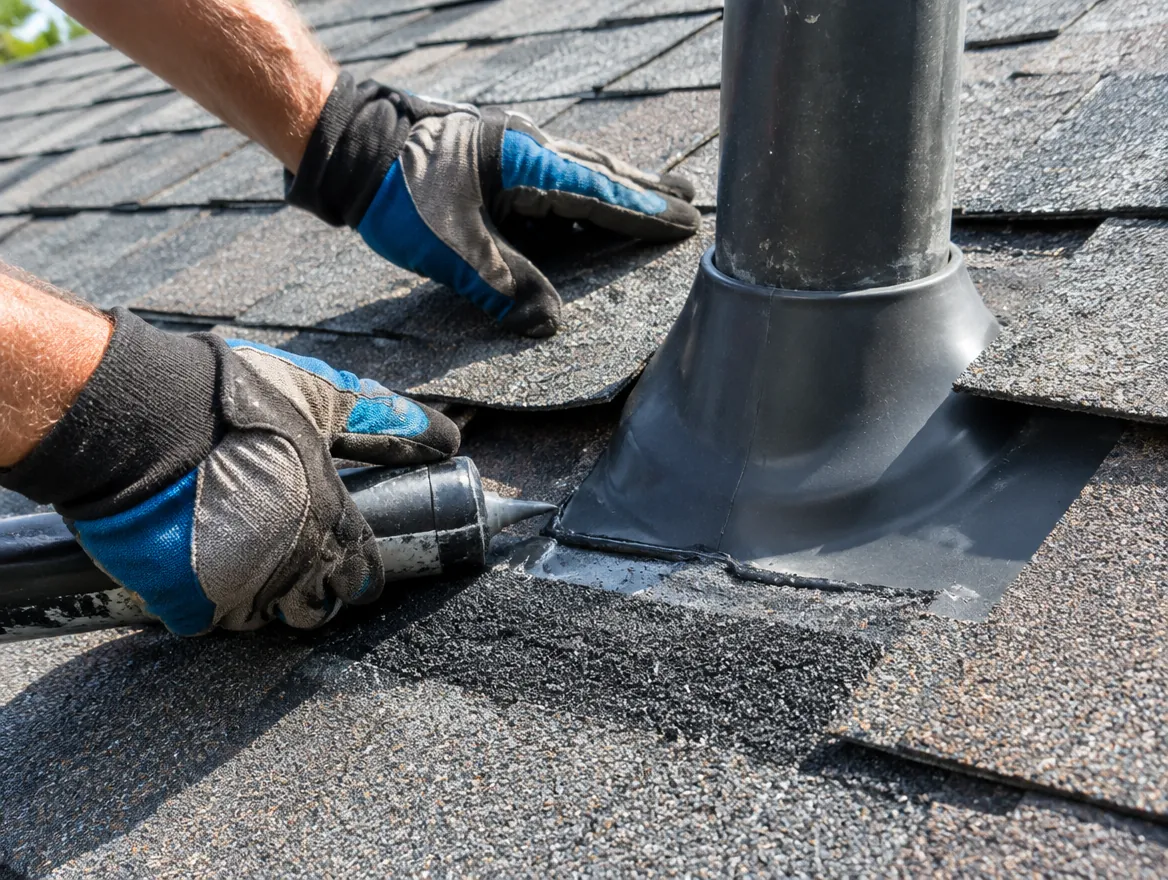 Gloved hands sealing shingles around a pipe boot flashing