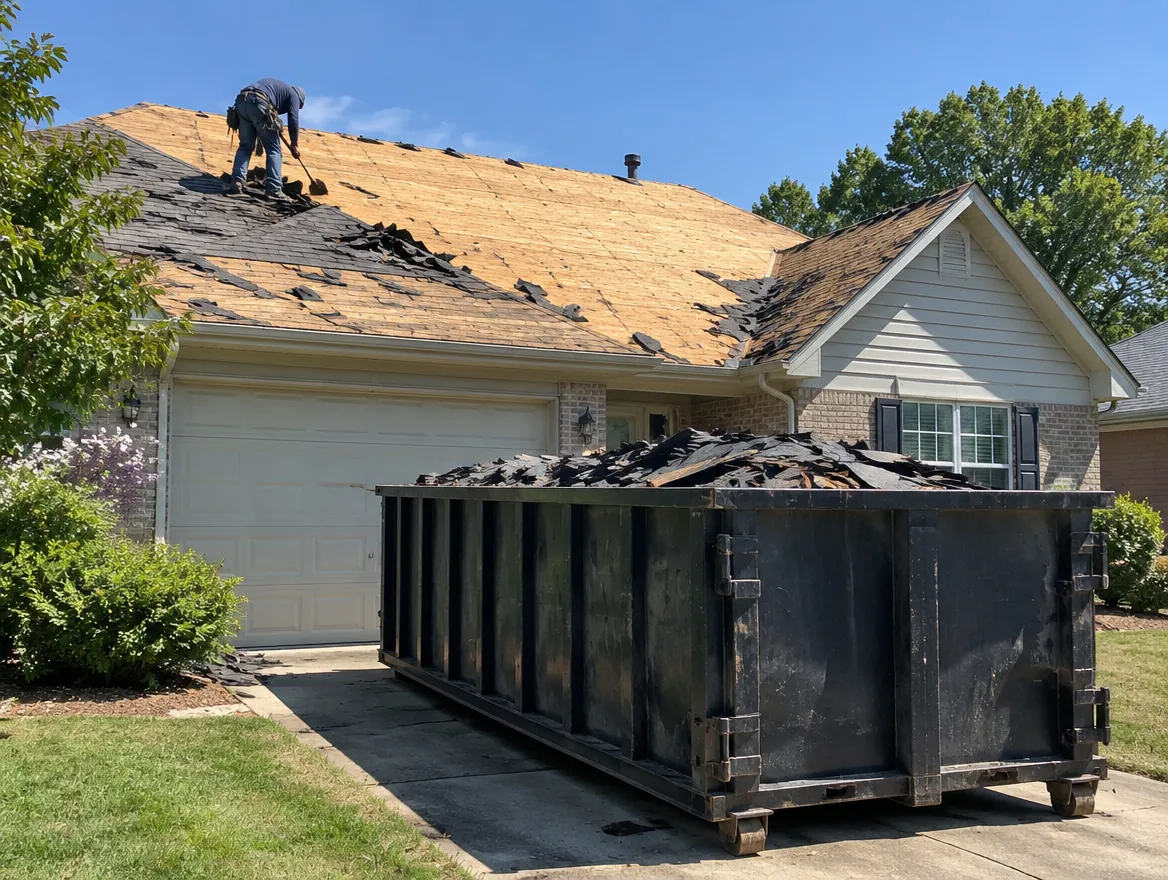 Roof tear-off in progress with exposed decking and a roll-off dumpster in the driveway