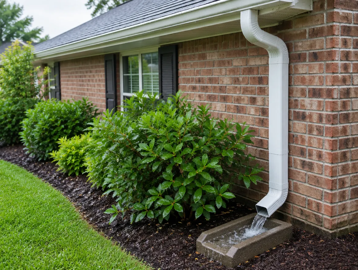 White seamless gutter and downspout draining onto a splash block beside a brick home
