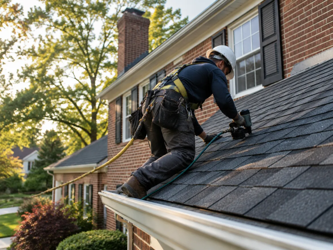 Roofer fastening architectural asphalt shingles on a brick colonial home