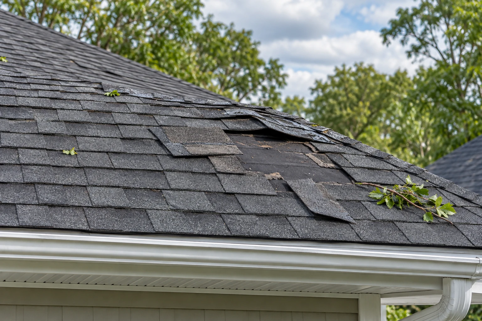 Illustrative view of wind-lifted and missing asphalt shingles exposing roof underlayment